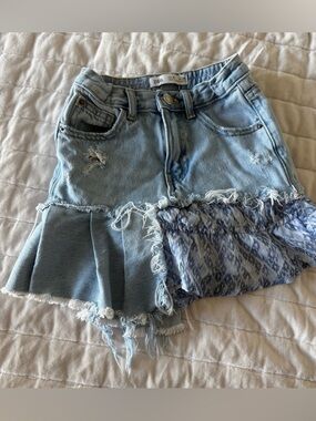Zara girls Y2K asymmetrical blue denim skirt with ruffle detail Size 6 patchwork